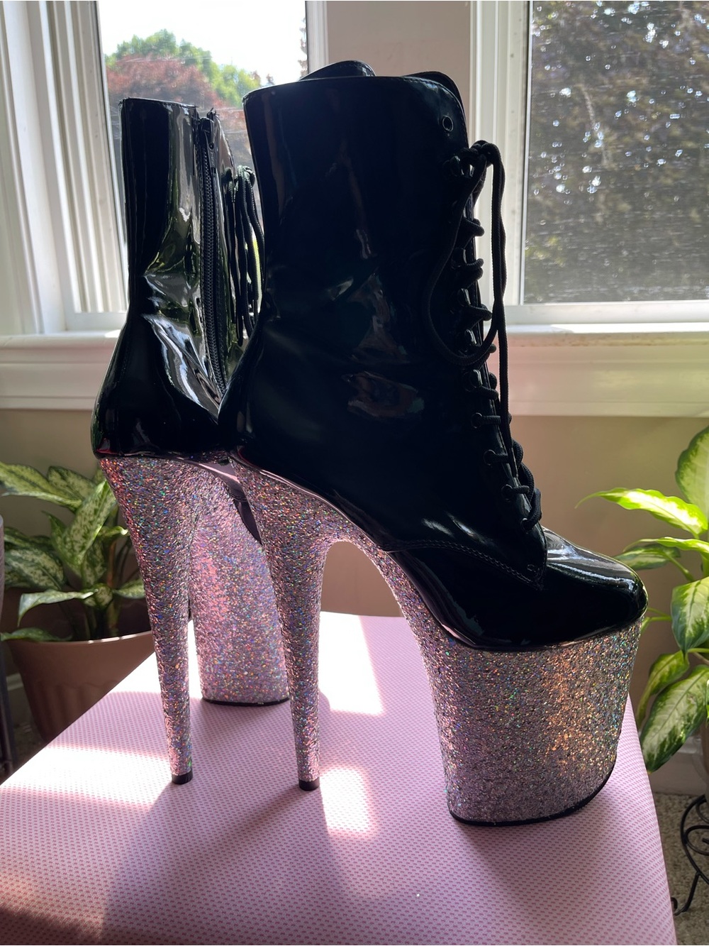 Pleaser Flamingo Boots Black Vinyl with silver glitter base. (Size 9)